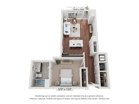 Floor plan for 1 bed, 1 bath, 735 sqft